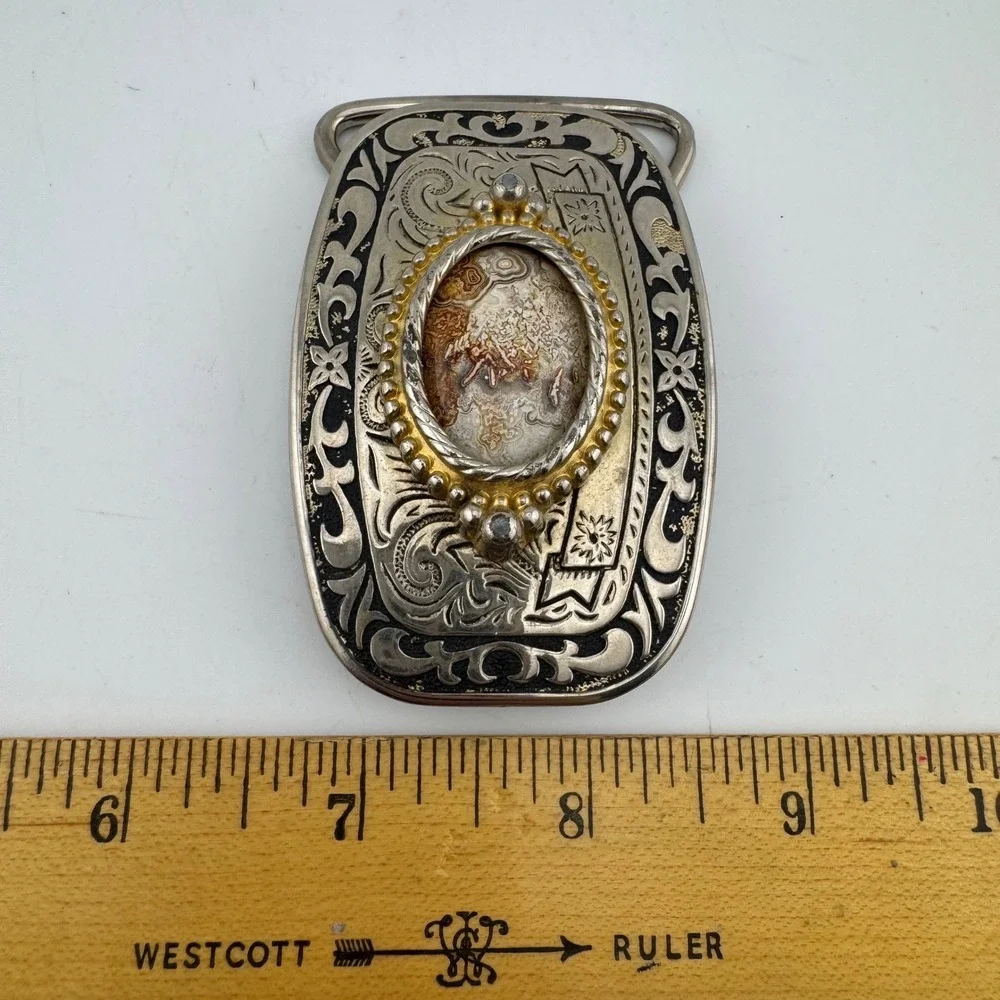 Western Belt Buckle Silver/Gold Tone Agate Good Engraved Floral Vintage